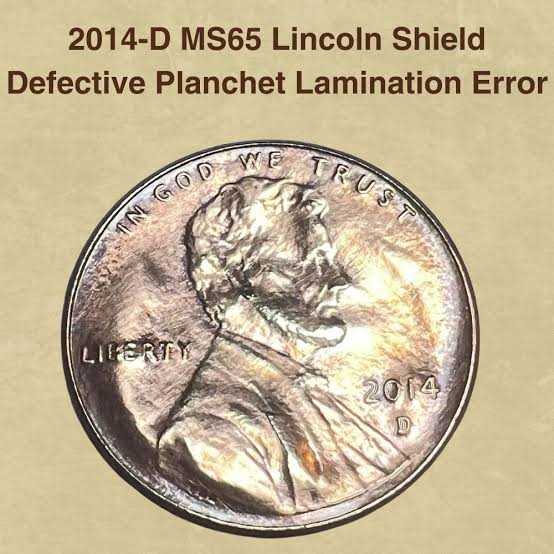 2014 Lincoln cent lamination error showing copper plating separation from zinc core